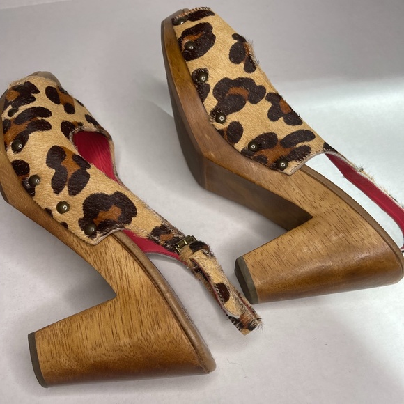 BODEN Size 42/10.5 Wood Leopard Calf Hair Platform Heals Funky Slingback Retro - Picture 5 of 10